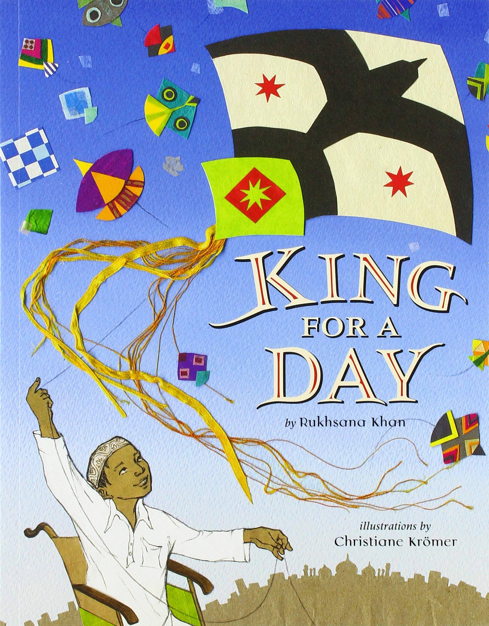 Illustrated book cover featuring a child and several flying color kites in the sky